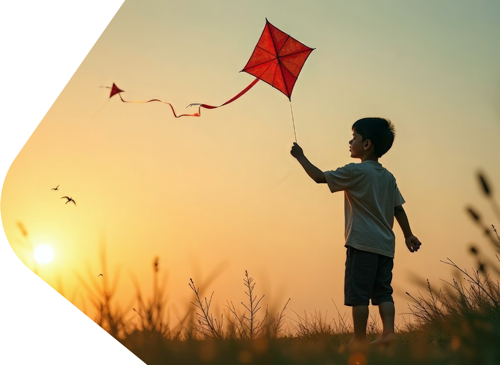 Young boy in silhouette flying a red kite in an evening sky