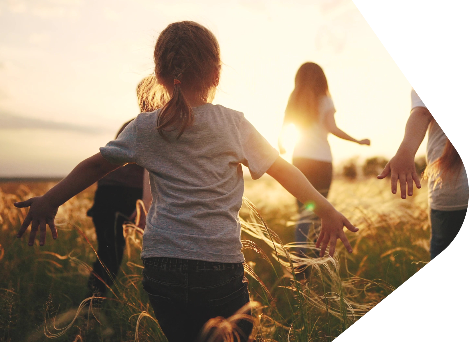 The backs of young children running through tall grass field towards the sunset