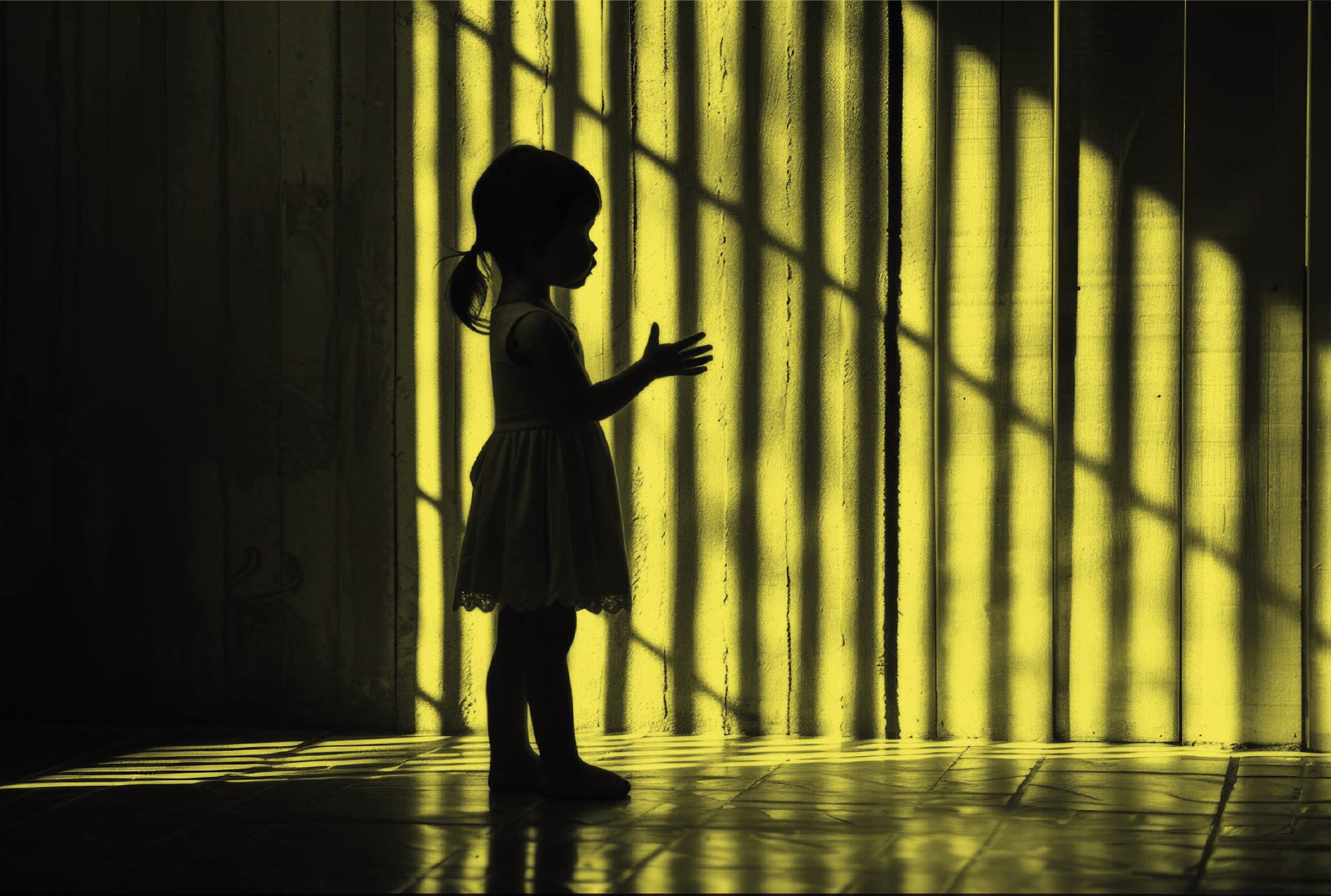 Small girl standing in yellow silhouette with shadows of window blinds casting her in shade