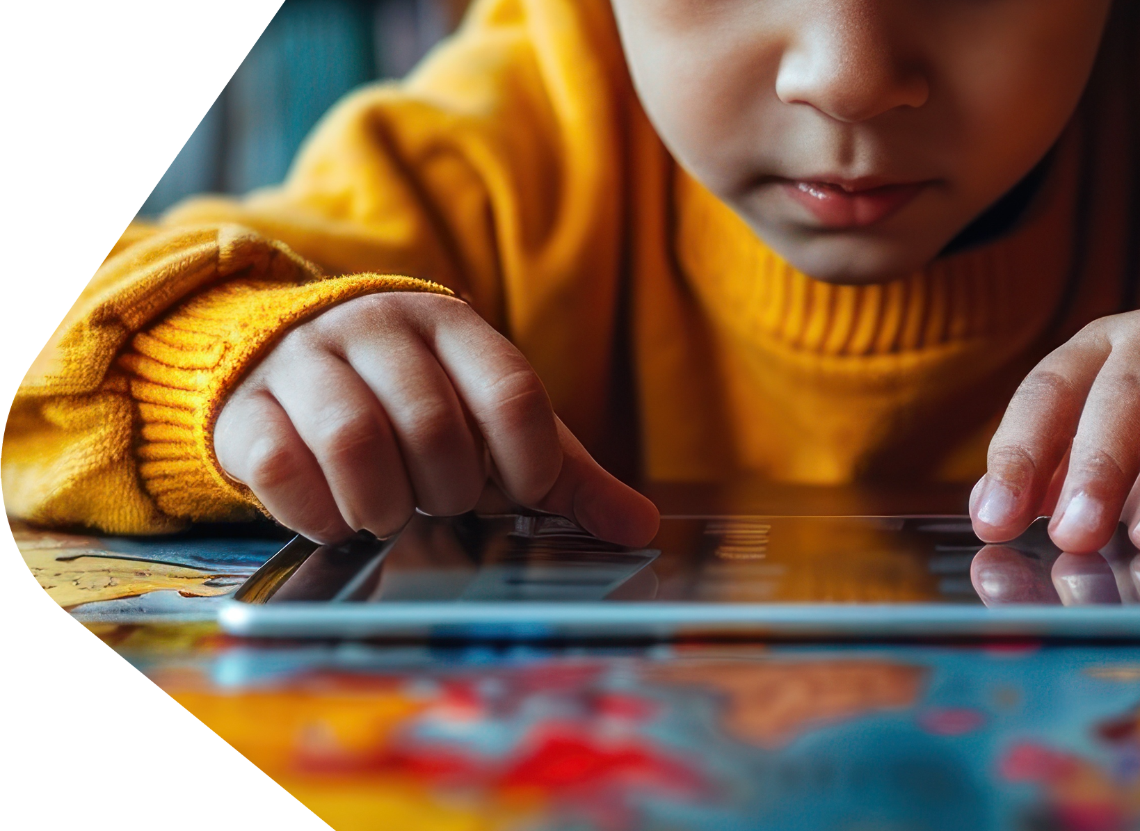 Young Indian child with orange jumper playing with electronic tablet