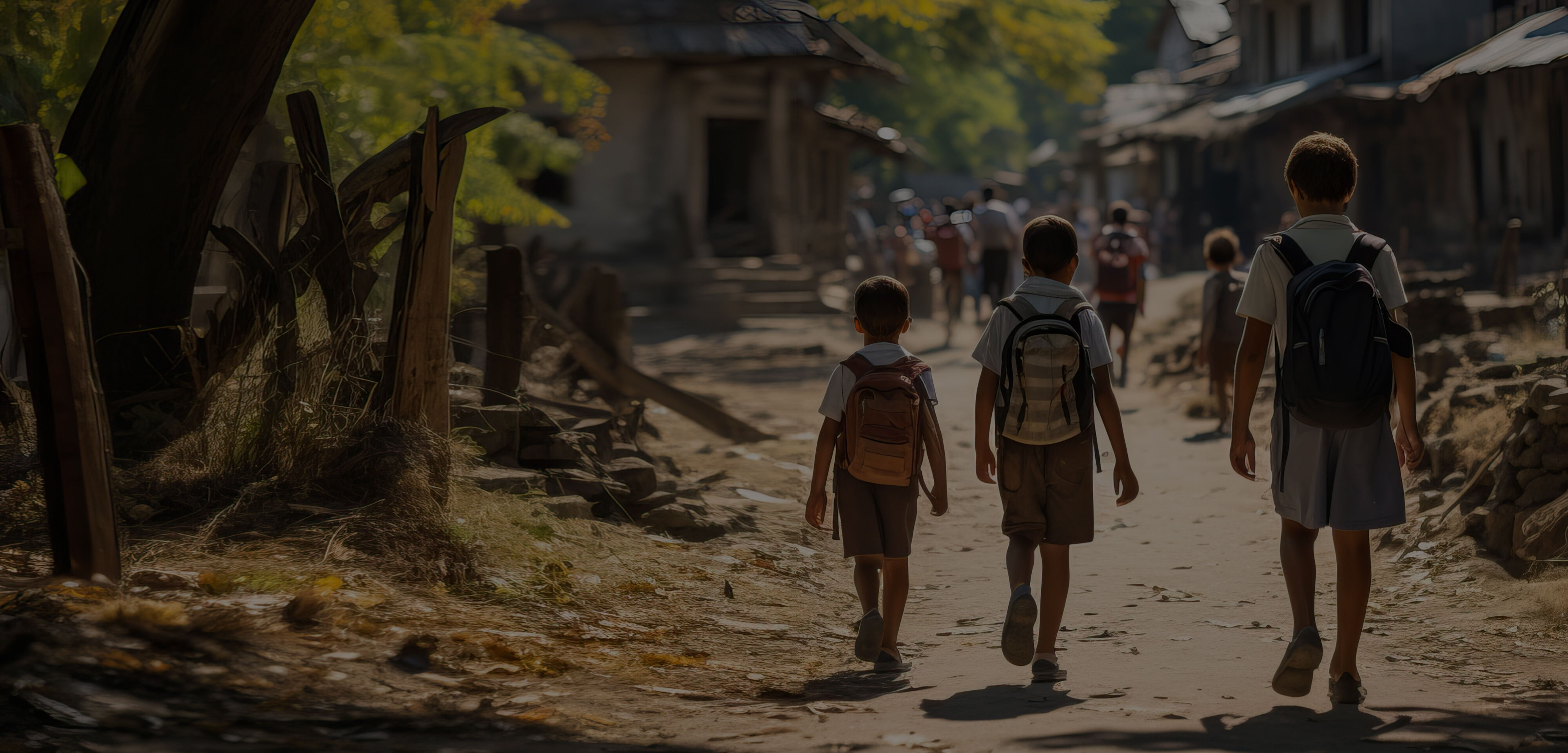 Three school children walking on dirt path through heavily wooded area to school