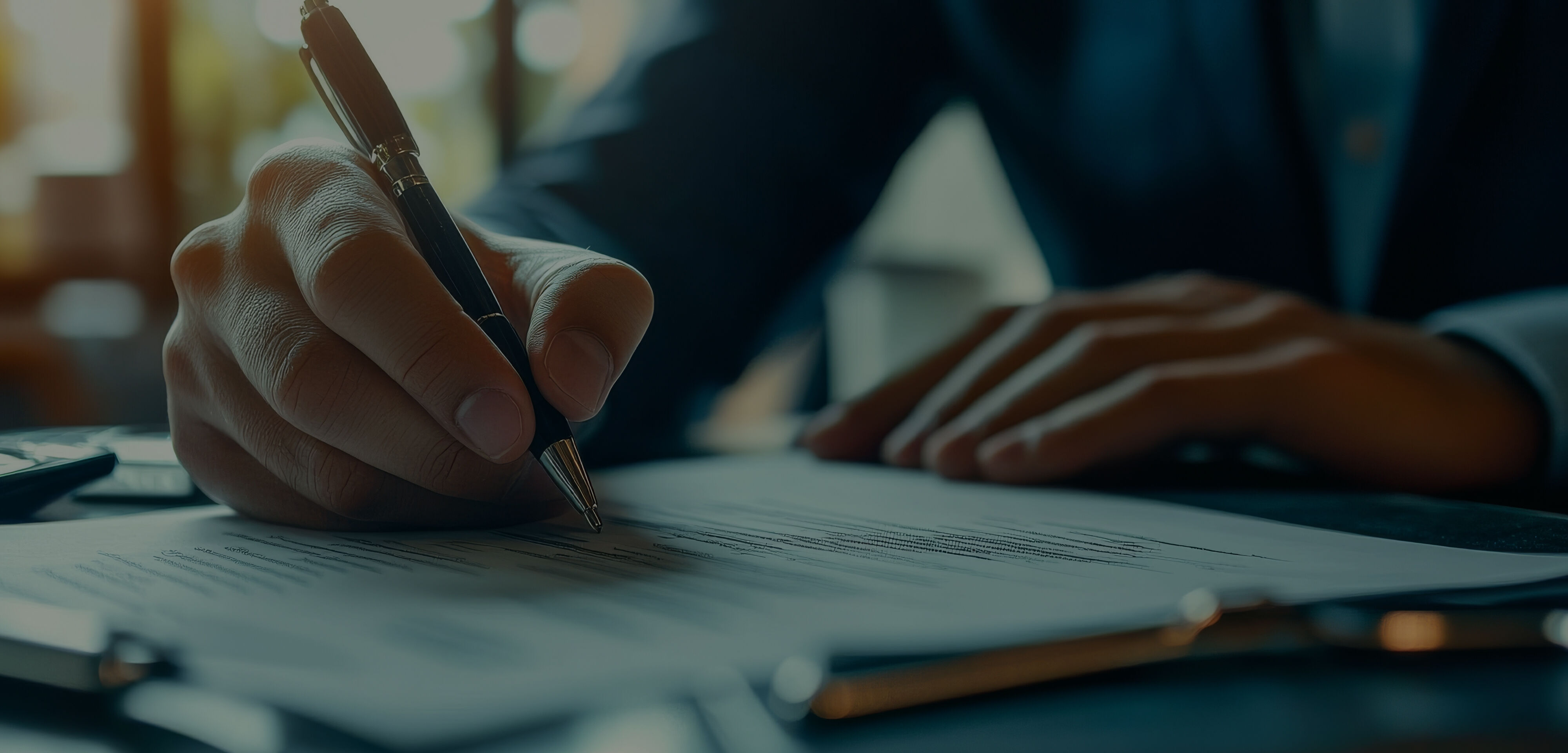 close up of office worker writing with a pen on a legal document