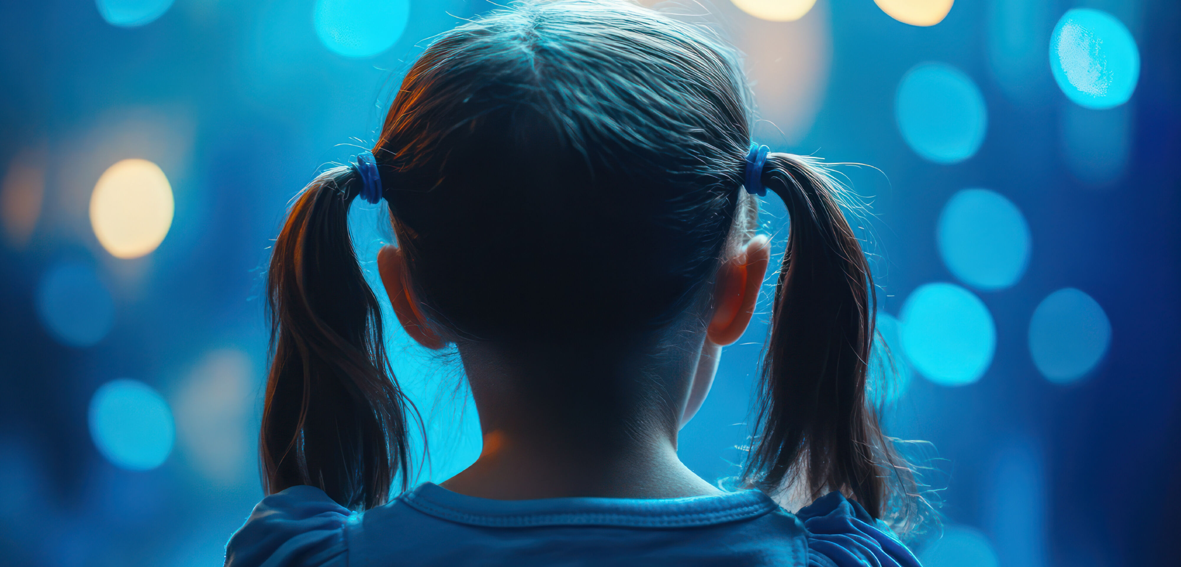 The back of a young girl's head with long ponytails in her hair, looking into a blue sparkling background