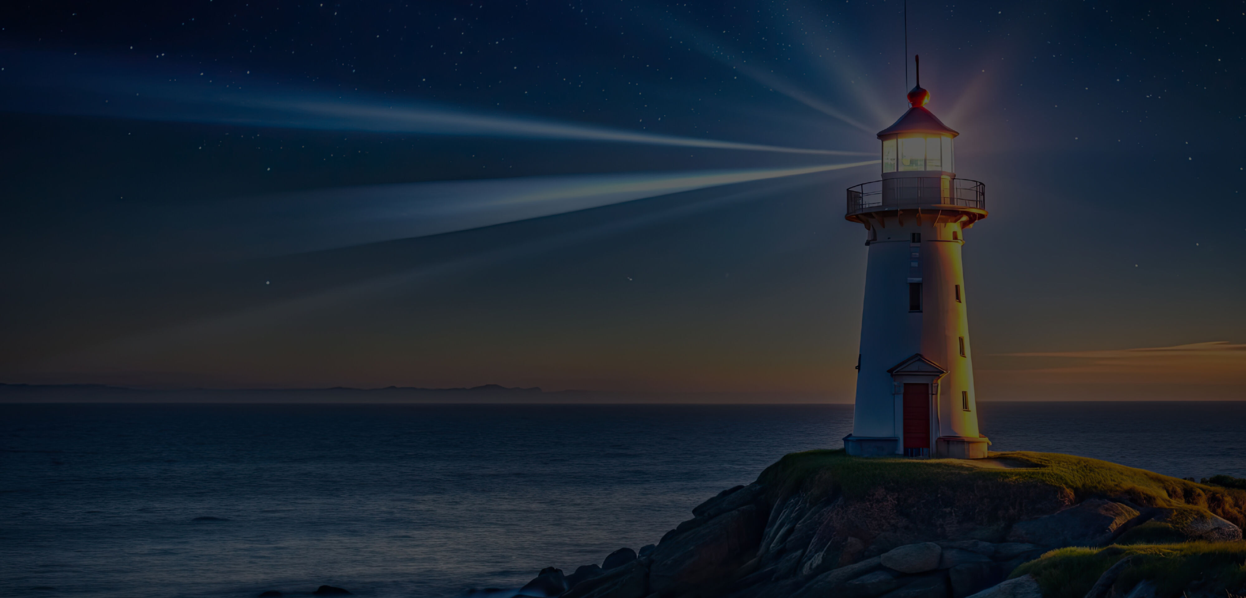 Image of a lighthouse on a calm sea with beams of light emanating from the lantern room at the top