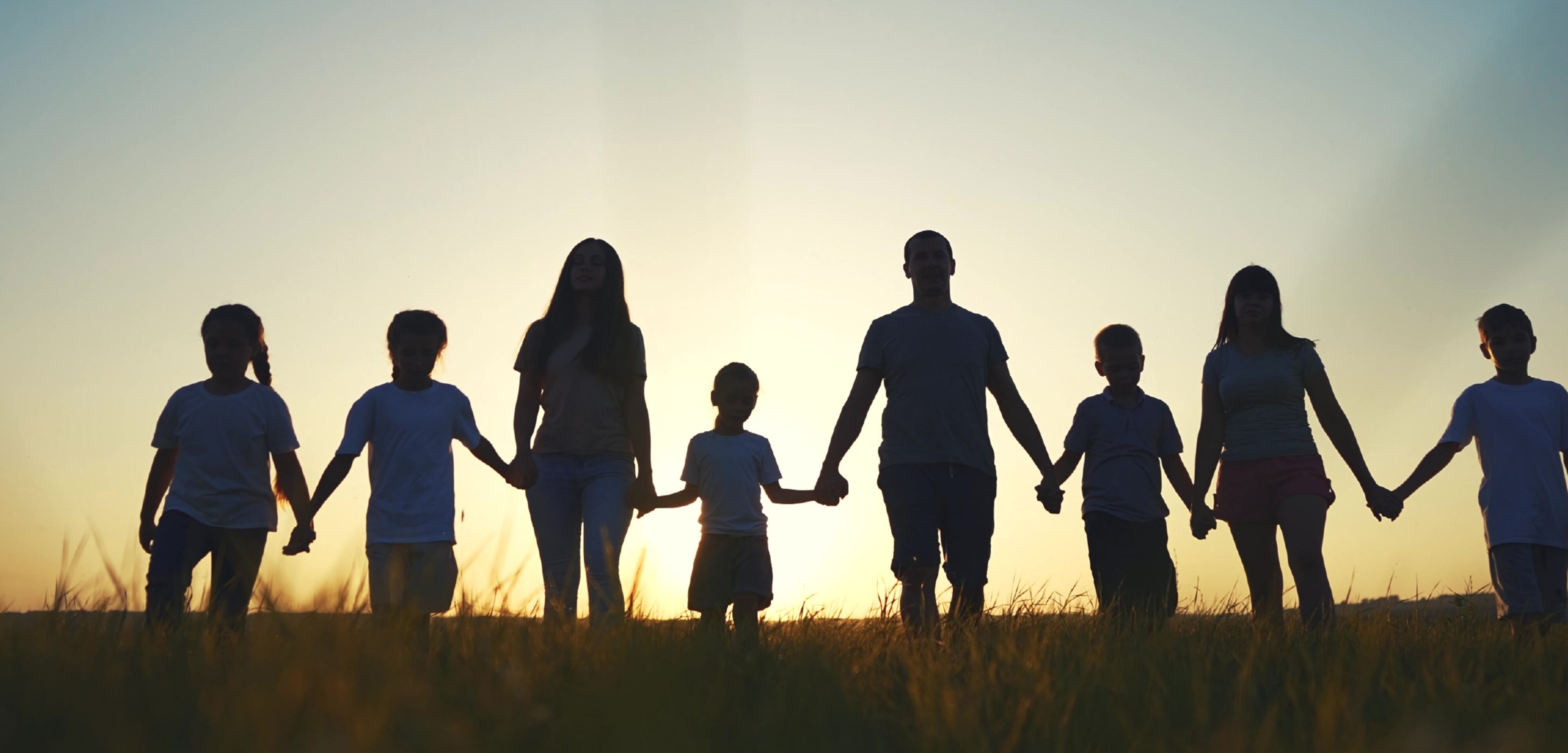 A long line of young adults and children in silhouette all holding hands on the top of a small hill, with the sun setting behind them