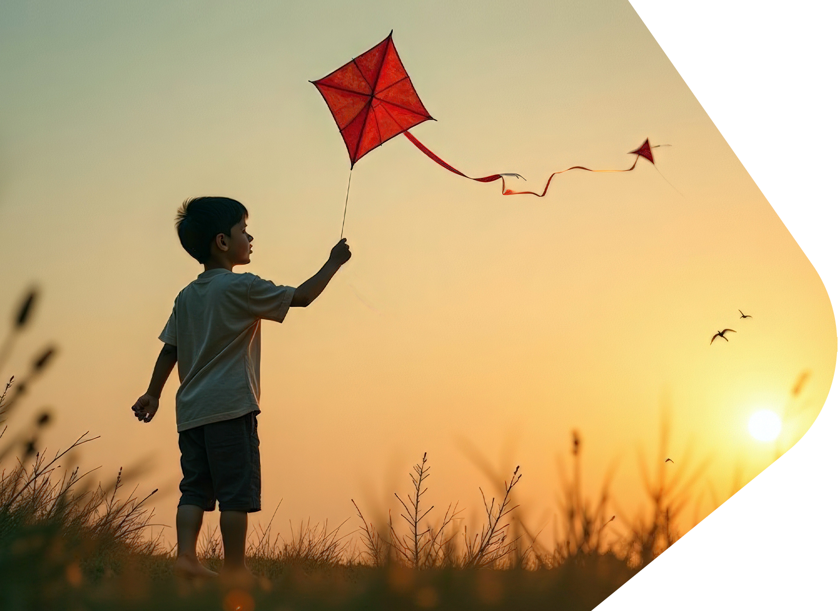 Young boy in silhouette flying a red kite in an evening sky